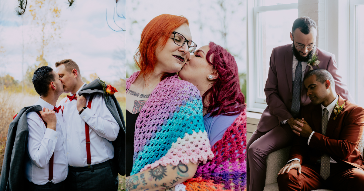 Diverse LGBTQ+ wedding couples sharing intimate moments during their wedding celebrations, including two grooms kissing, two brides embracing, and two grooms posing together.