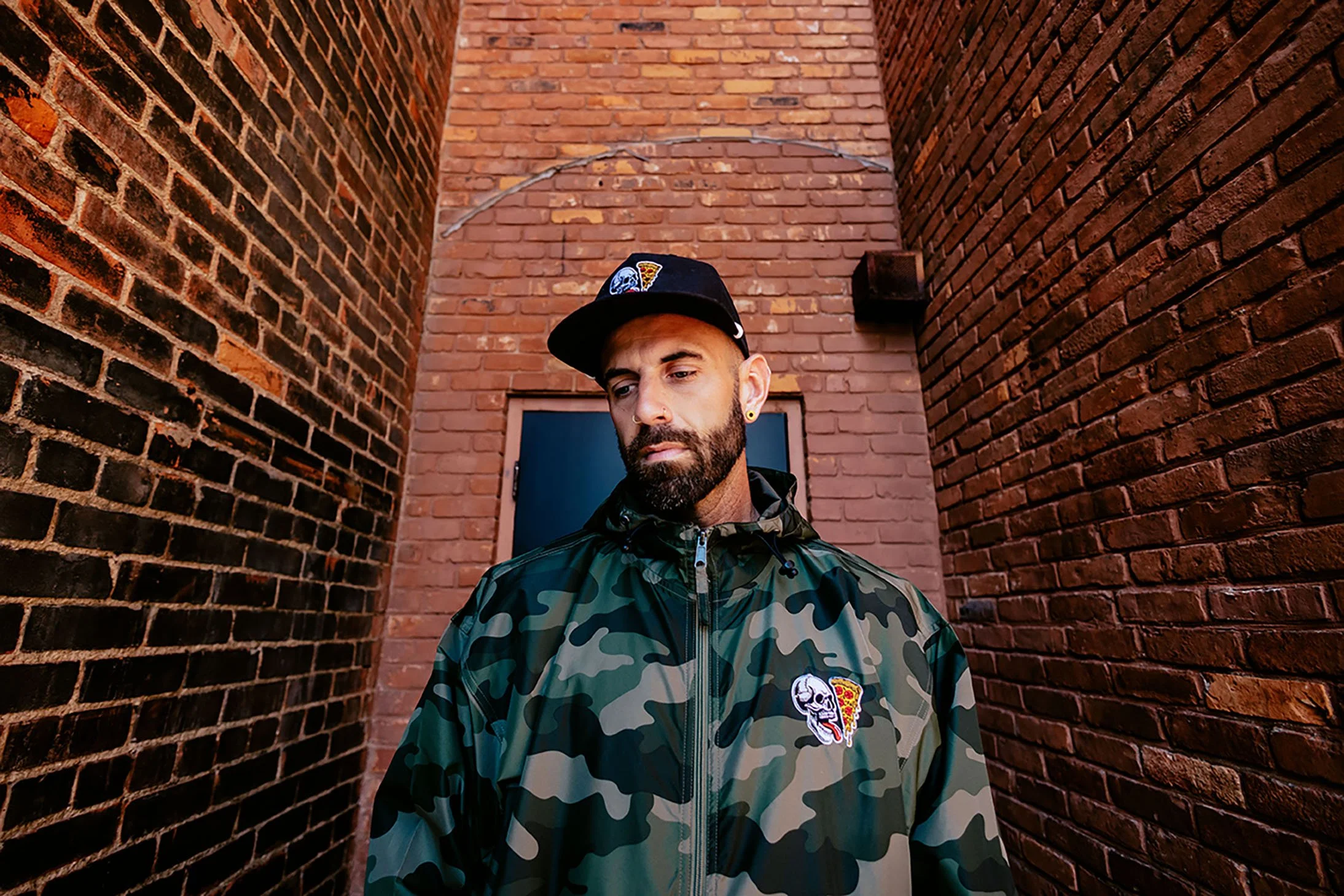 Skeleton Pizza Supply Co hat and windbreaker photographed by Detroit brand photographer