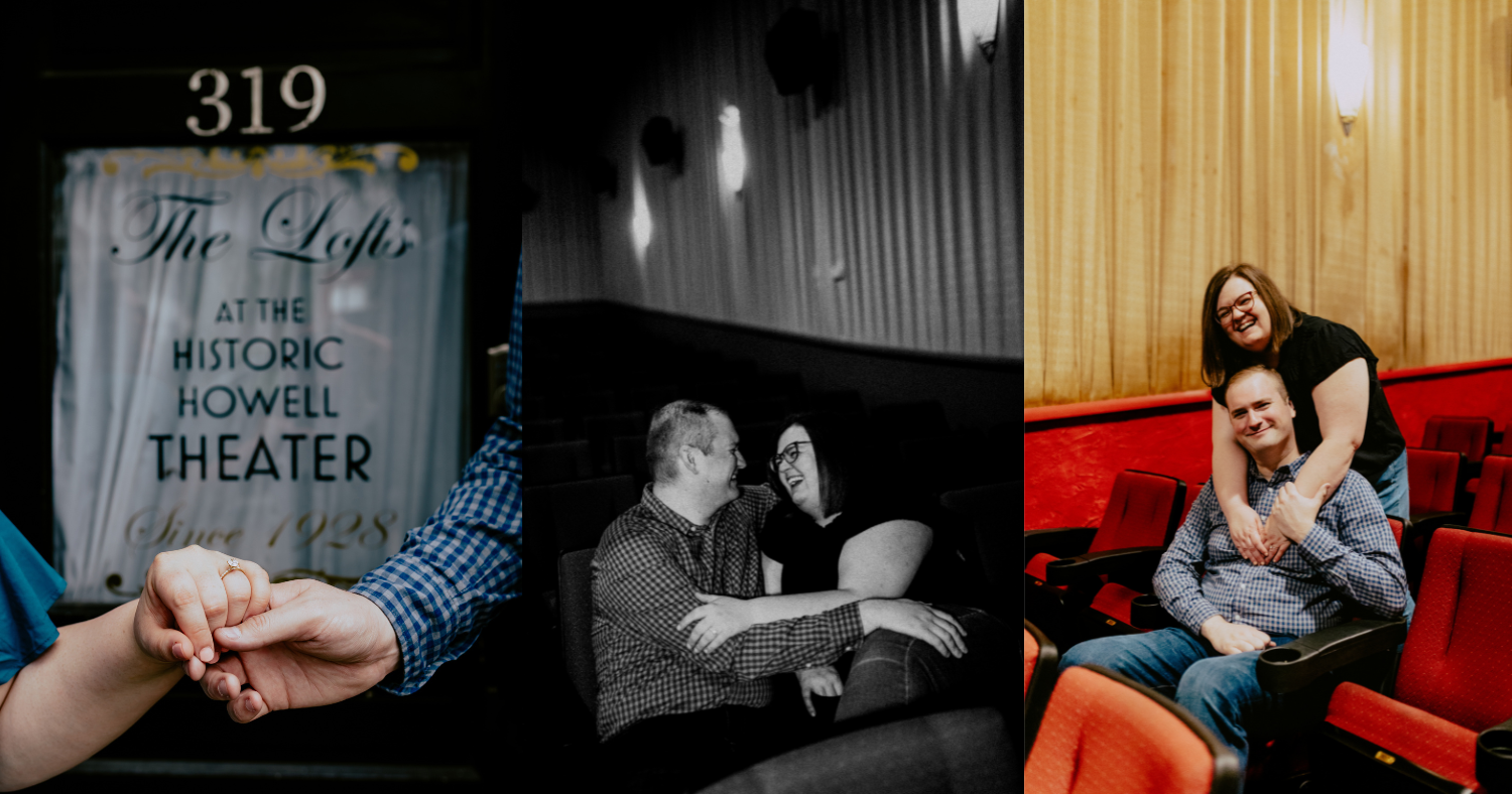Engaged couple sharing romantic moments inside the Historic Howell Theater during a Michigan engagement photography session by a Detroit engagement photographer.