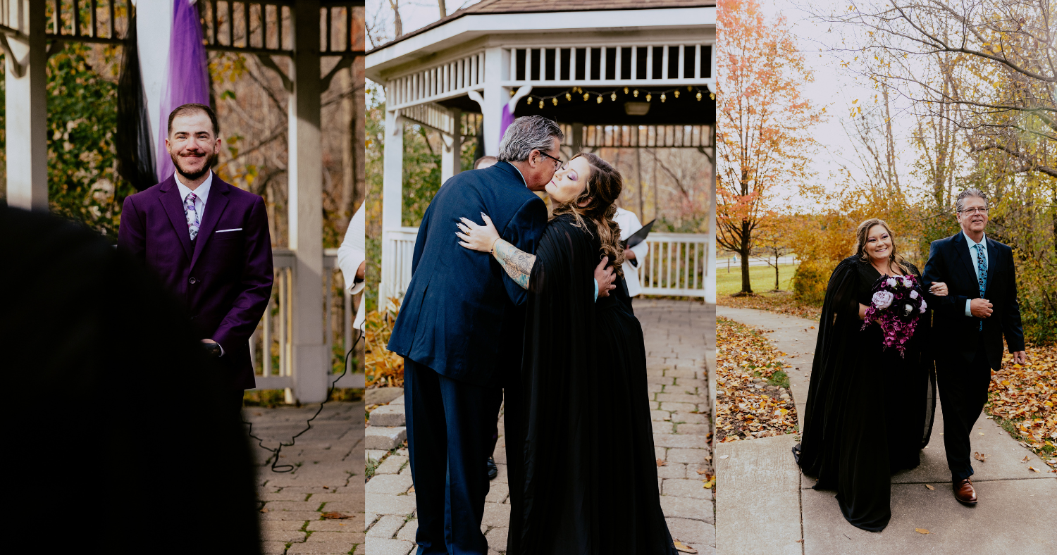 Emotional wedding ceremony moments featuring the groom, the bride embracing a family member, and a walk down the aisle captured by a Detroit wedding photographer.