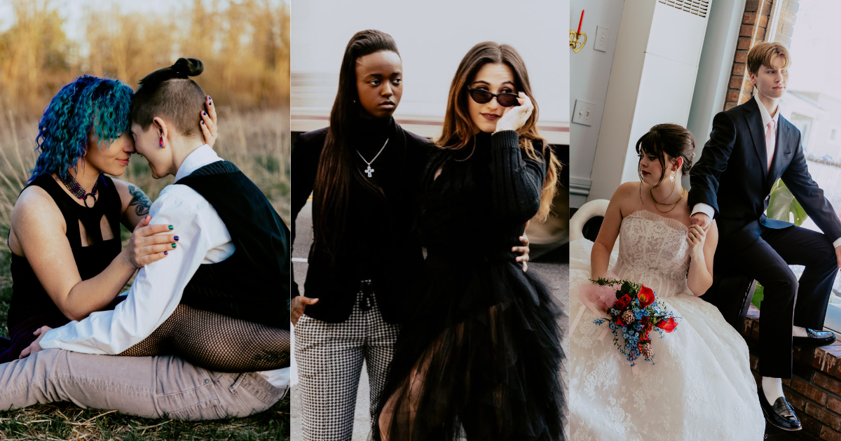 Diverse wedding couples sharing intimate and stylish moments, including a couple embracing outdoors, two women posing together, and a newlywed couple with a colorful wedding bouquet.