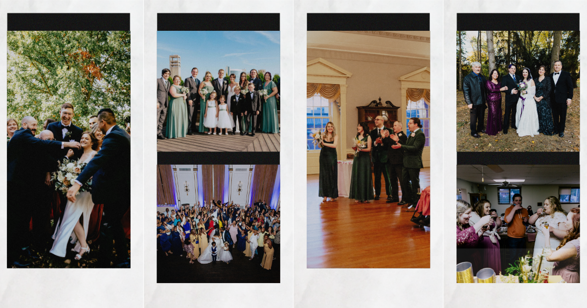 Wedding celebration collage featuring family portraits, bridal party group photos, reception speeches, dance floor celebrations, and candid moments captured by a Detroit wedding photographer.