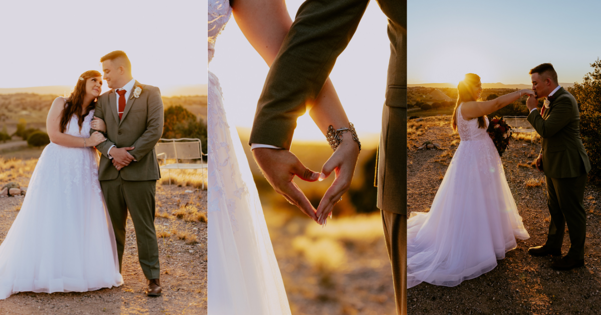 Golden hour wedding portraits of a newlywed couple holding hands, sharing a kiss, and embracing outdoors, photographed by a Detroit wedding photographer.