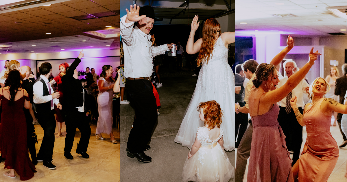 Wedding reception dance floor collage featuring the bride, groom, guests, and family celebrating with energetic dancing and candid party moments captured by a Detroit wedding photographer.