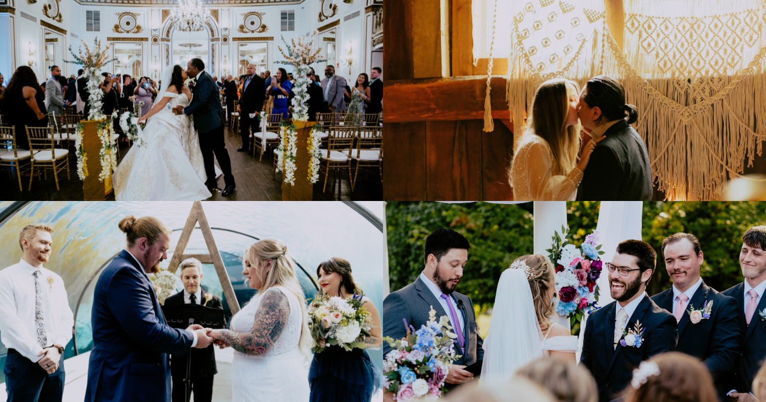 Wedding ceremony collage featuring couples exchanging vows, sharing their first kiss, and celebrating emotional moments during outdoor and indoor ceremonies captured by a Detroit wedding photographer.