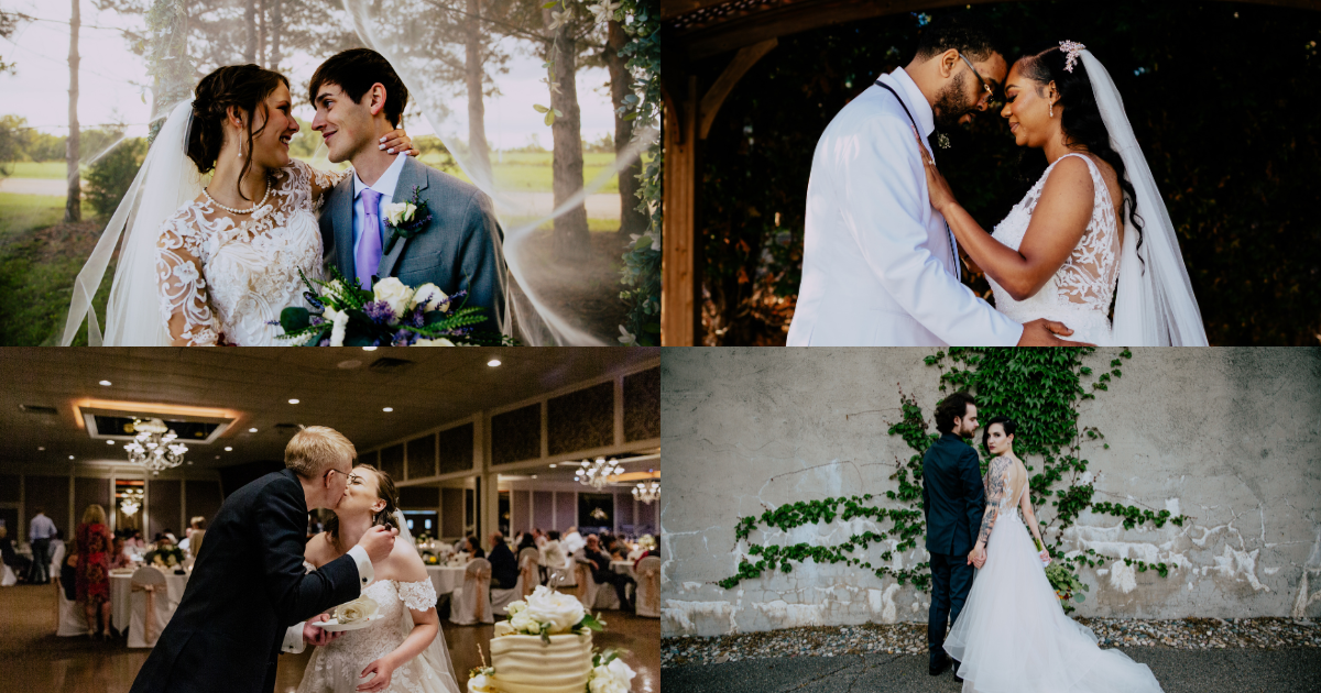 Romantic wedding portrait collage featuring newlyweds sharing intimate moments, first kisses, and elegant couple portraits captured by a Detroit wedding photographer.