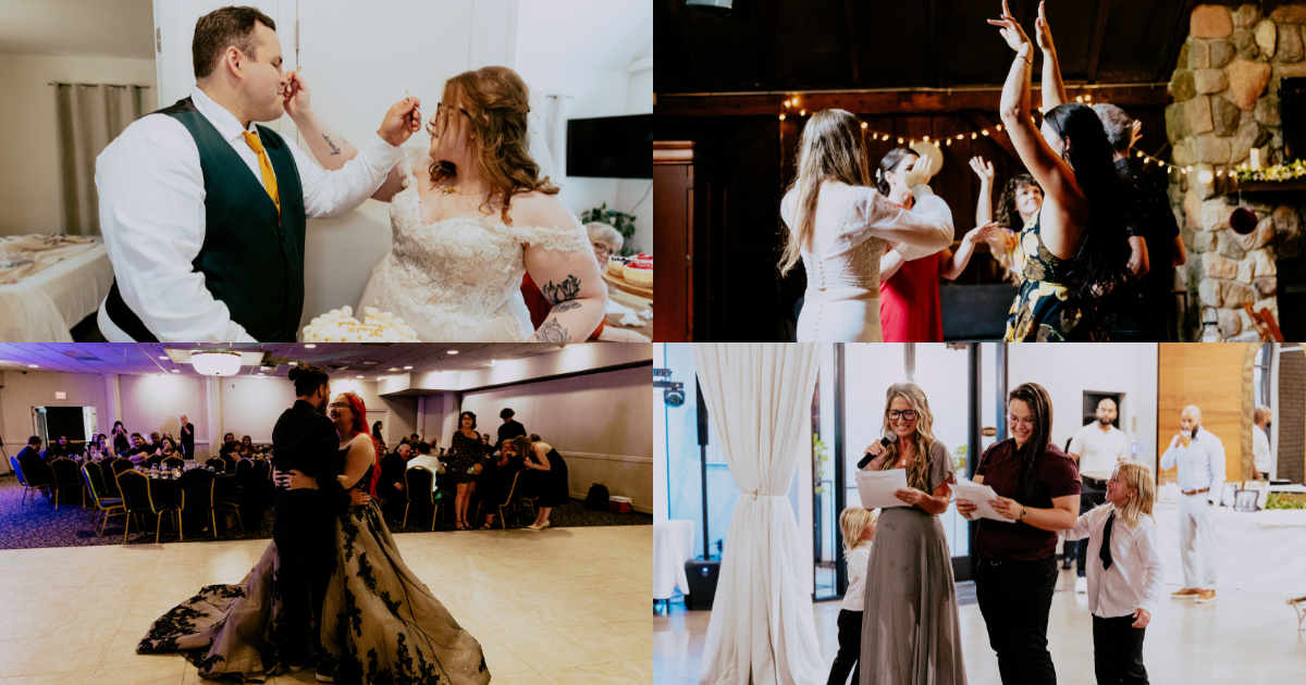 Wedding reception collage featuring cake cutting, dancing, first dance, and heartfelt speeches captured by a Detroit wedding photographer.