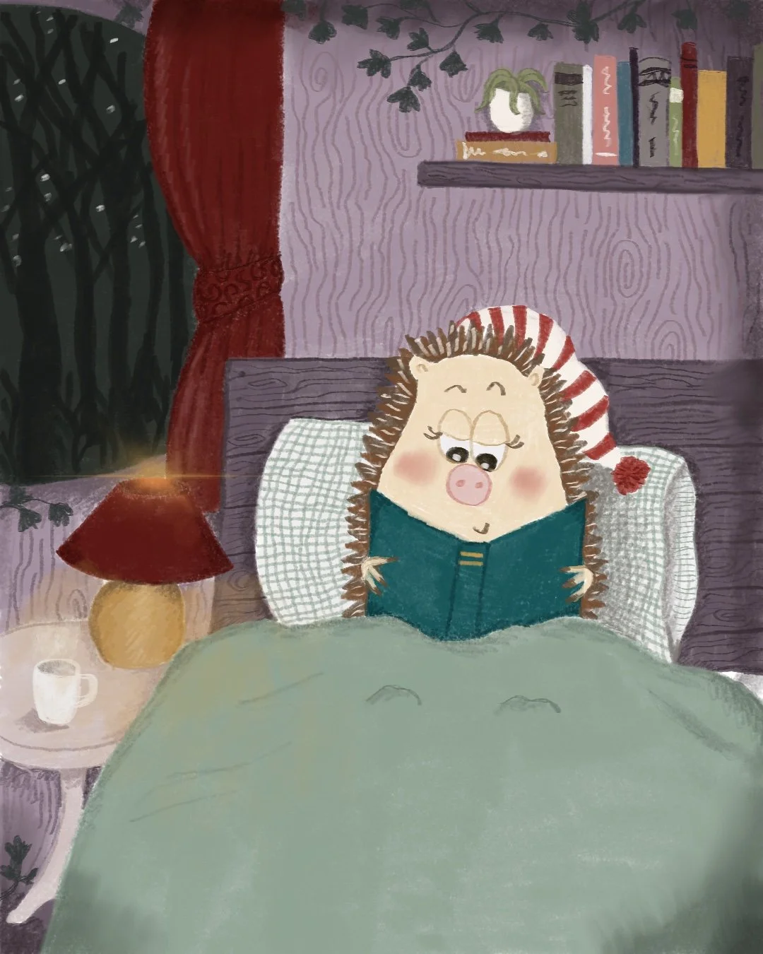 An illustration of a hedgehog wearing a nightcap sitting in bed reading a book - illustrating the concept of hygge and coziness.