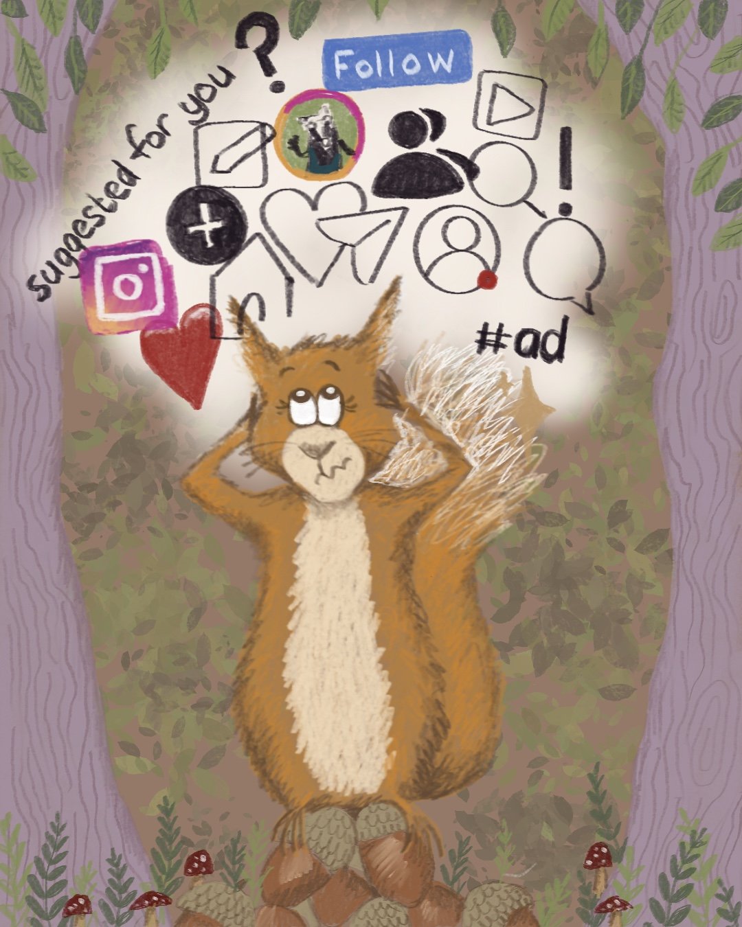 Digital illustration showing a red squirrel looking overwhelmed. Instagram icons float above his head.