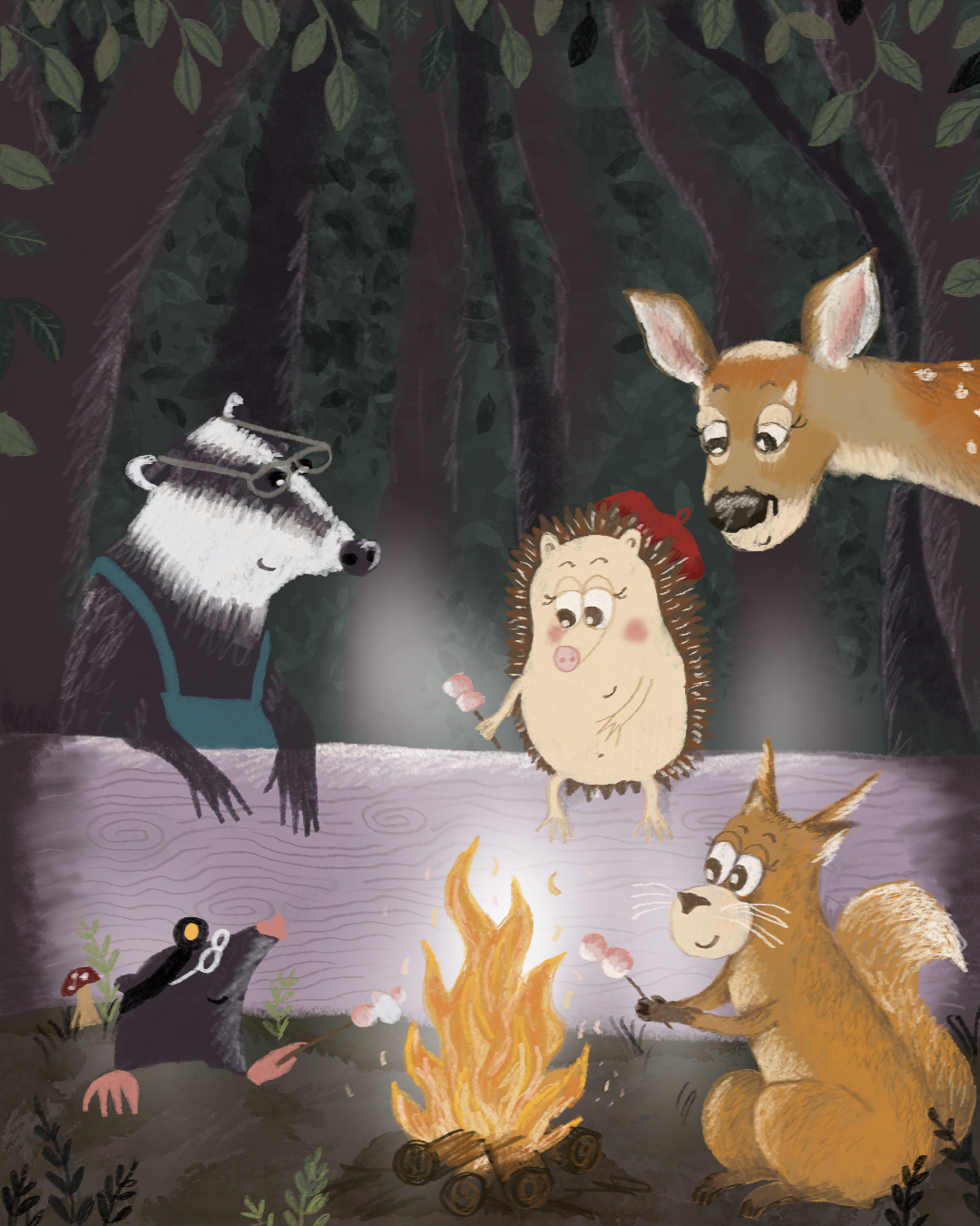 An illustration of woodland animals: a hedgehog; squirrel; badger; doe and mole toasting marshmallows around a fire at night.