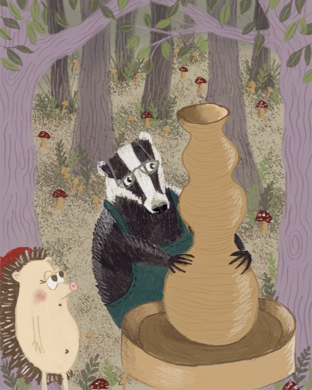Illustration of a woodland scene with a badger who is throwing a very tall and wonky pot on a potters wheel. Next to him is a hedgehog looking on enthralled.