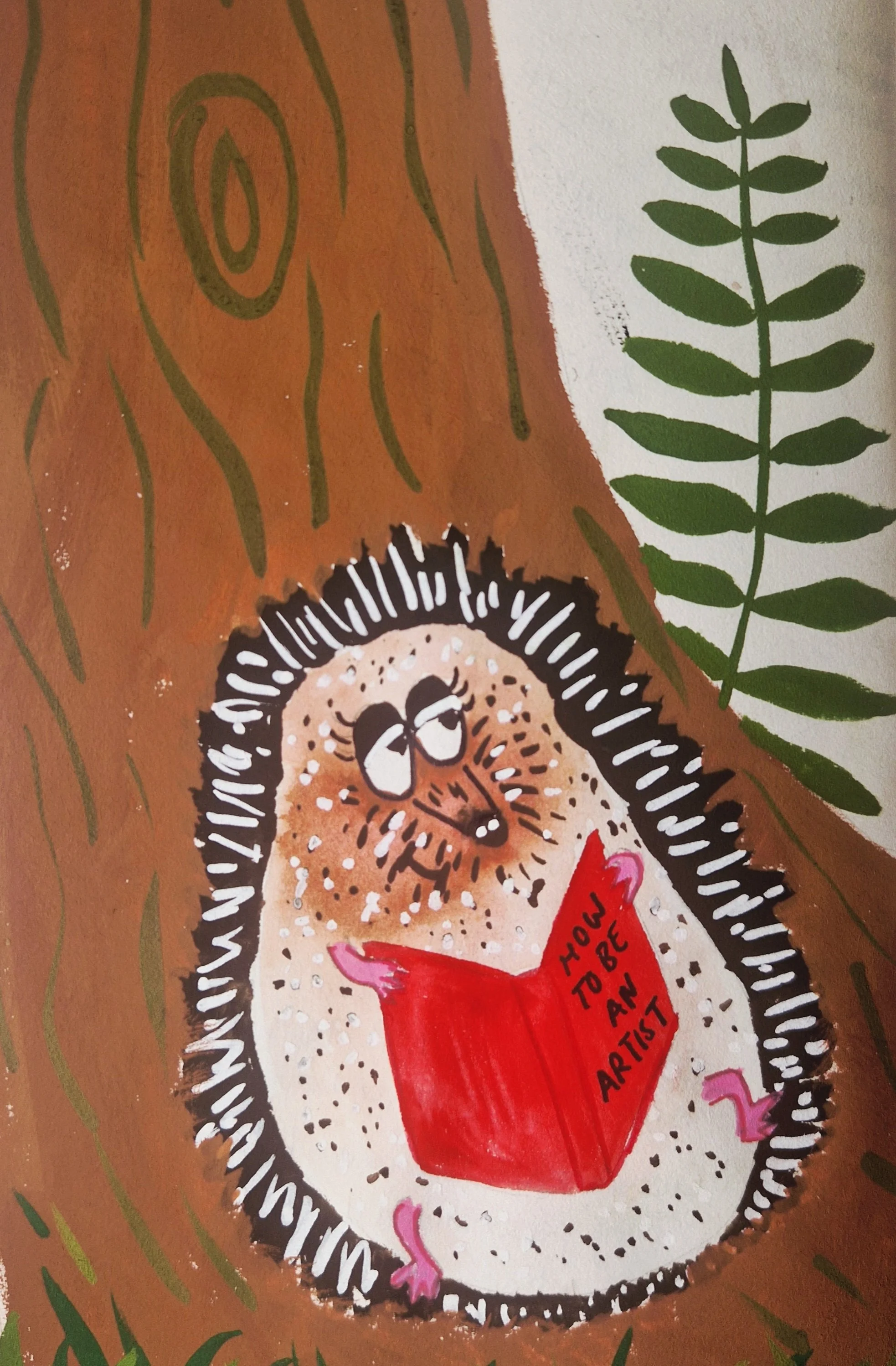 A painting of a cartoon hedgehog leaning back against a tree reading a book entitled 'How to be an artist'