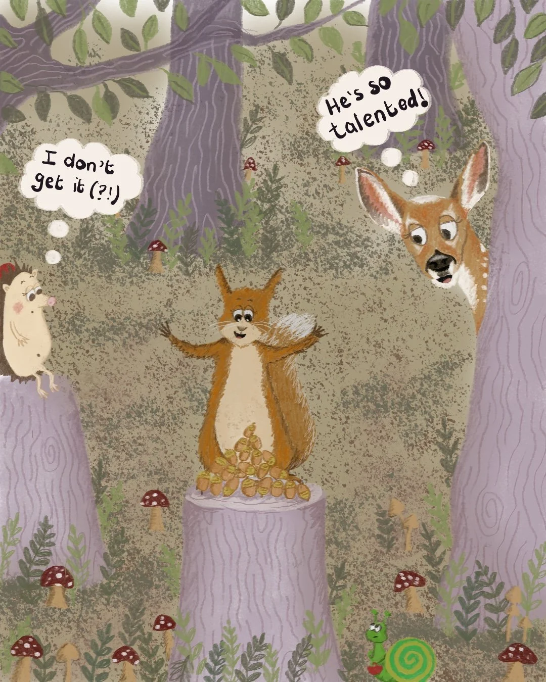 Illustration of a woodland scene.  A squirrel is looking pleased with himself having built a sculpture from acorns.. Behind him is a hedgehog with a though bubble reading "I don't get it?", and also a deer with a thought bubble "He's so talented!"