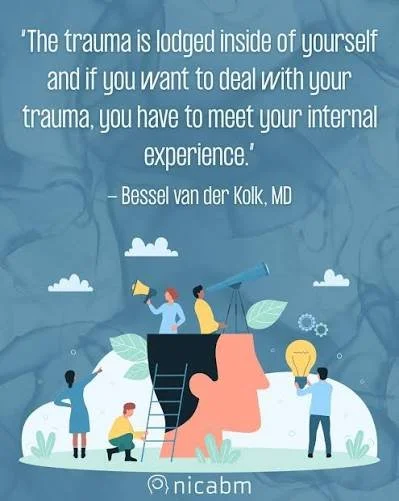 The image is a quote from psychiatrist Bessel van der Kolk and reads "The trauma is lodged inside of yourself and if you want to deal with your trauma, you have to meet your internal experience"