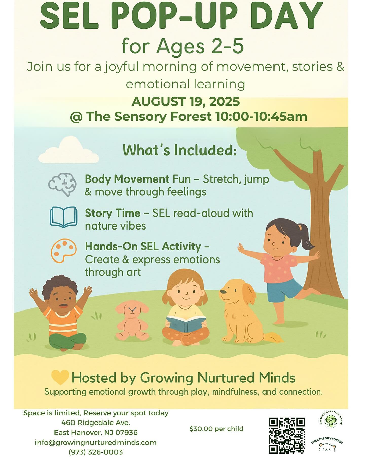 🌿✨ SEL POP-UP DAY is here! ✨🌿
Calling all little learners ages 2&ndash;5! Join us for a joyful morning of movement, stories, and emotional learning at The Sensory Forest 🌳💛

📅 August 19, 2025
🕙 10:00&ndash;10:45am
📍 460 Ridgedale Ave, East Han