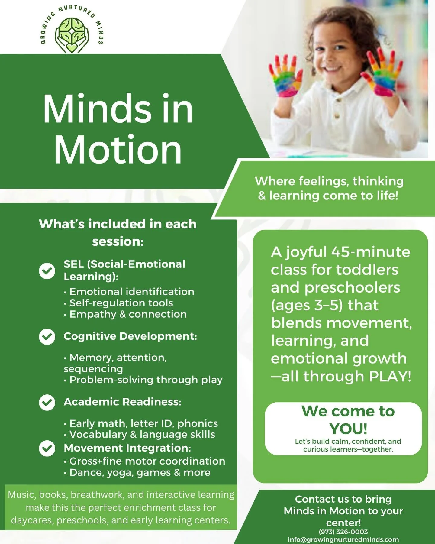 Calling all daycares, preschools, and early learning centers! 🎓🧠

Are you looking to bring something new and impactful into your classrooms or build an after-school program?

Our Minds in Motion program is a 45-minute push-in class designed just fo