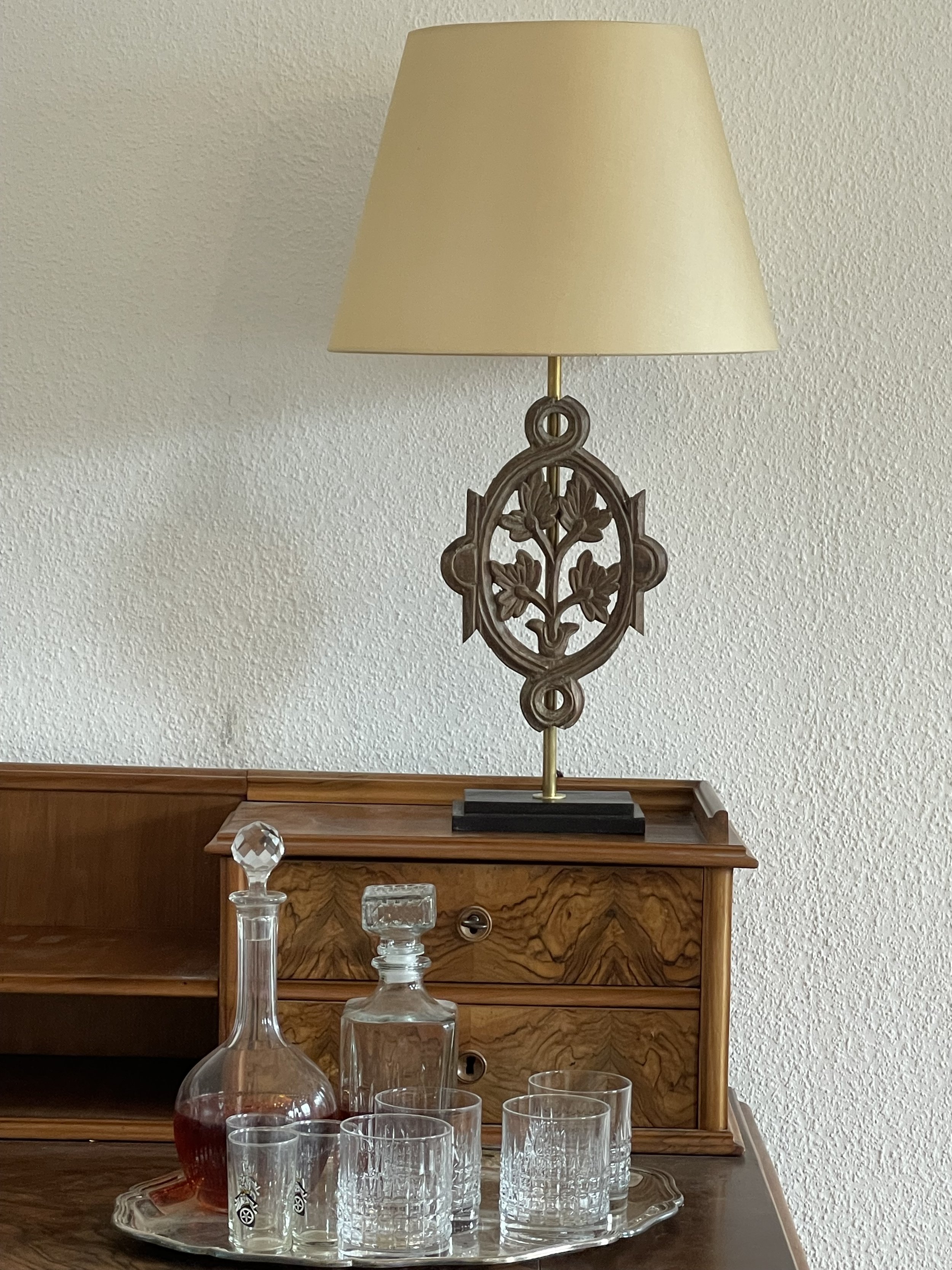 This lamp features a salvaged central back splat of a Portuguese colonial chair