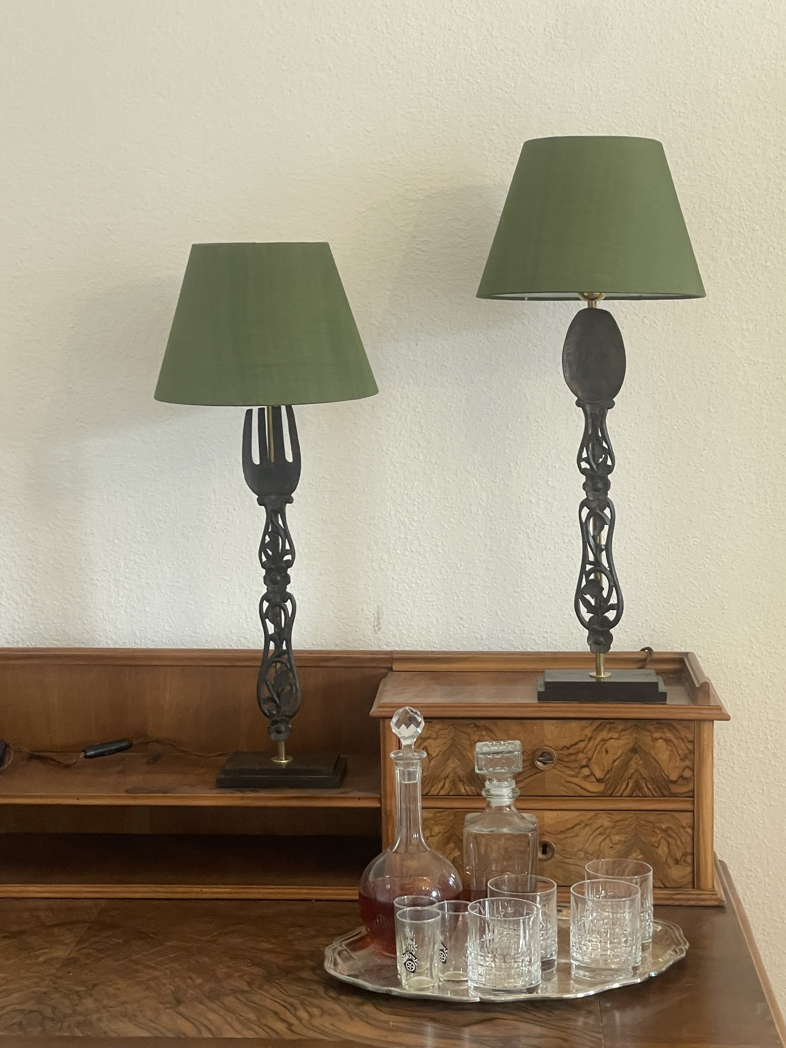 Lamps made from salvaged carved fork and spoon in Ebony, on Indian rosewood bases, with bespoke shades