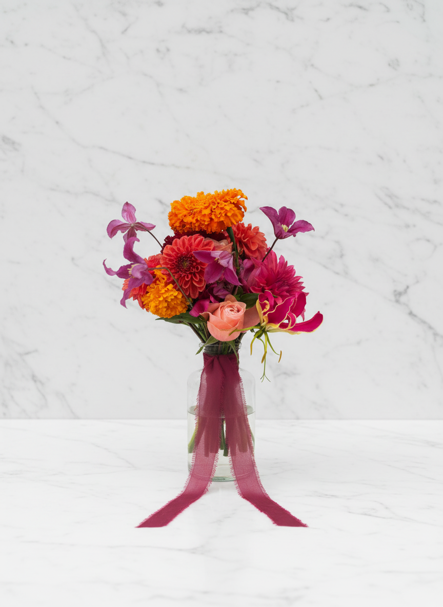 A colorful bouquet of flowers including orange marigolds, pink dahlias, purple orchids, and pink roses in a clear glass vase with a burgundy ribbon, set against a white marble background.
