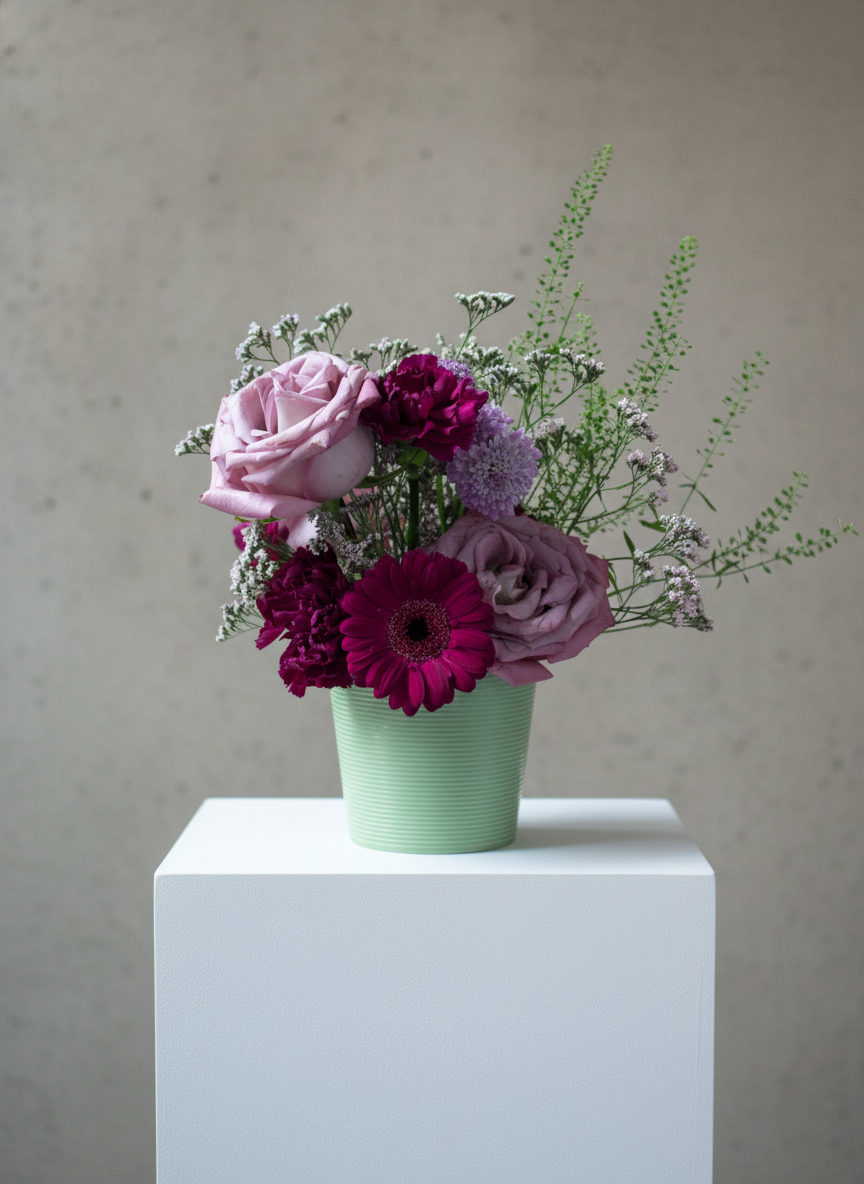 A bouquet of pink and purple flowers in a green striped vase on a white pedestal against a plain background.
