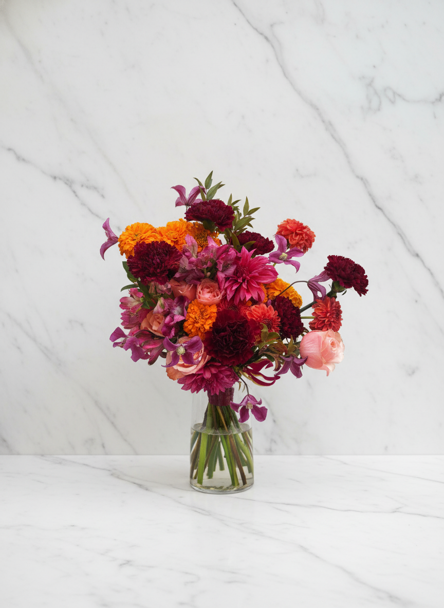 A colorful bouquet of flowers in a clear glass vase on a white marble surface against a white marble wall background.