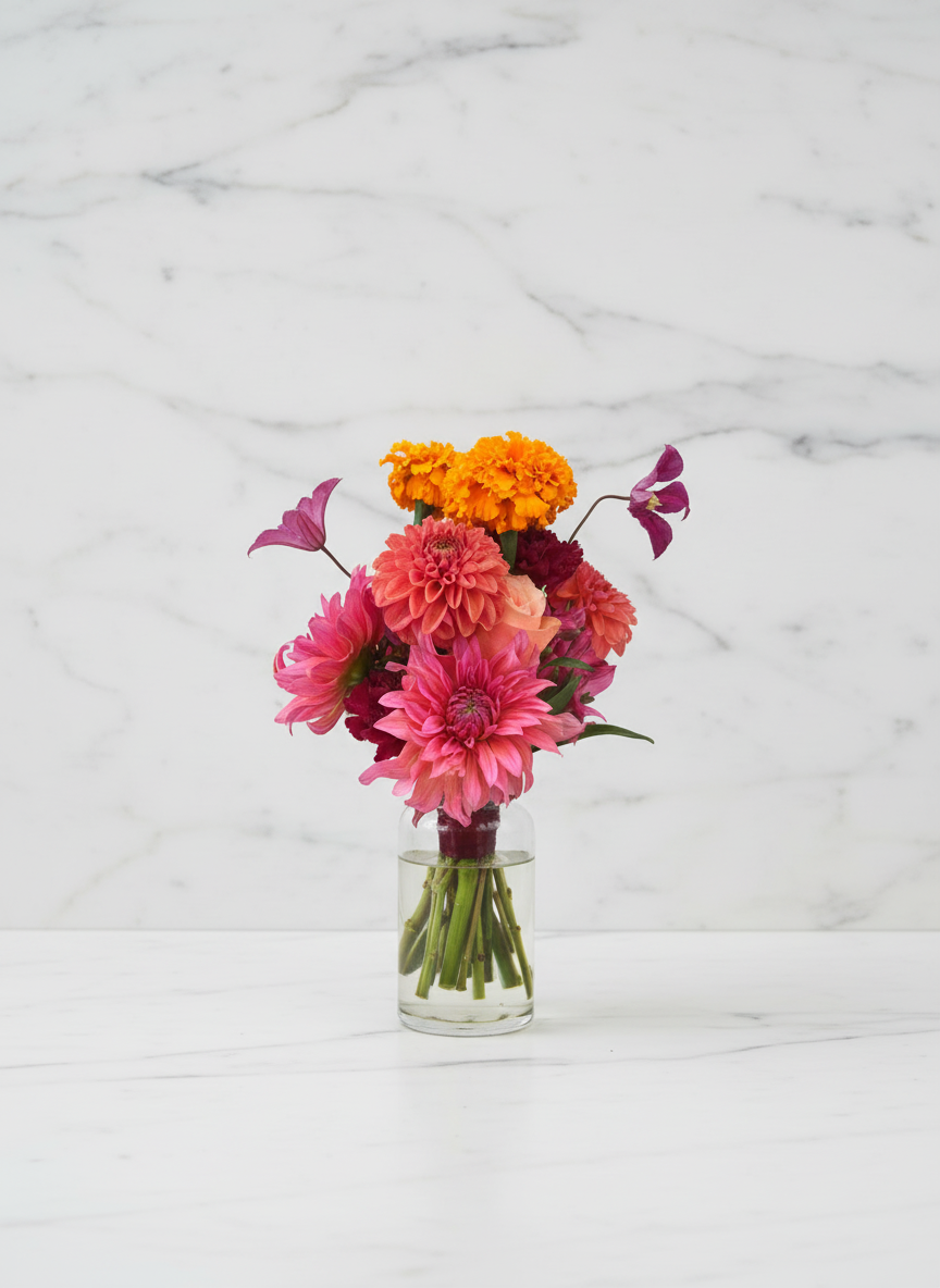 A bouquet of pink, orange, and purple flowers arranged in a clear glass vase with water, placed on a white surface against a white marble background.
