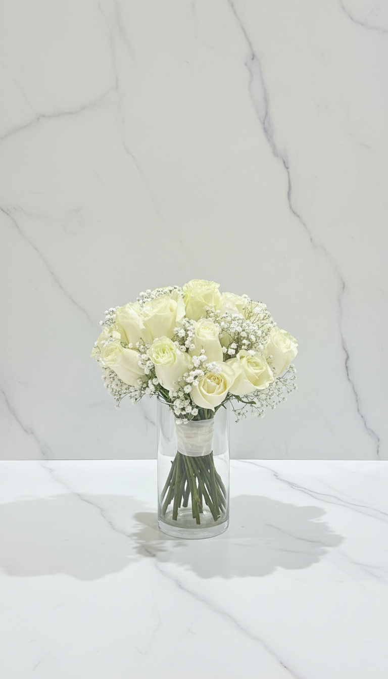 A bouquet of white roses and baby's breath in a clear glass vase on a white marble surface against a white marble wall.