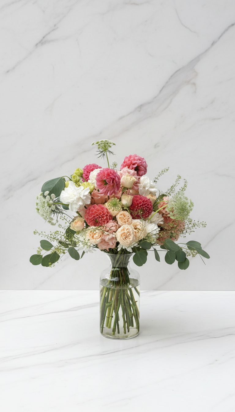 A bouquet of pink, peach, and white flowers in a clear glass vase on a white marble surface against a white marble background.