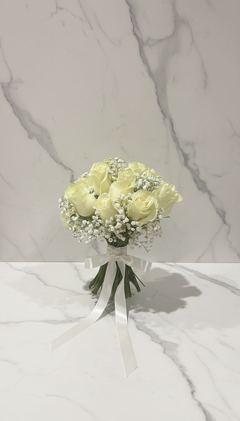 A bouquet of white roses and baby's breath flowers tied with a white ribbon