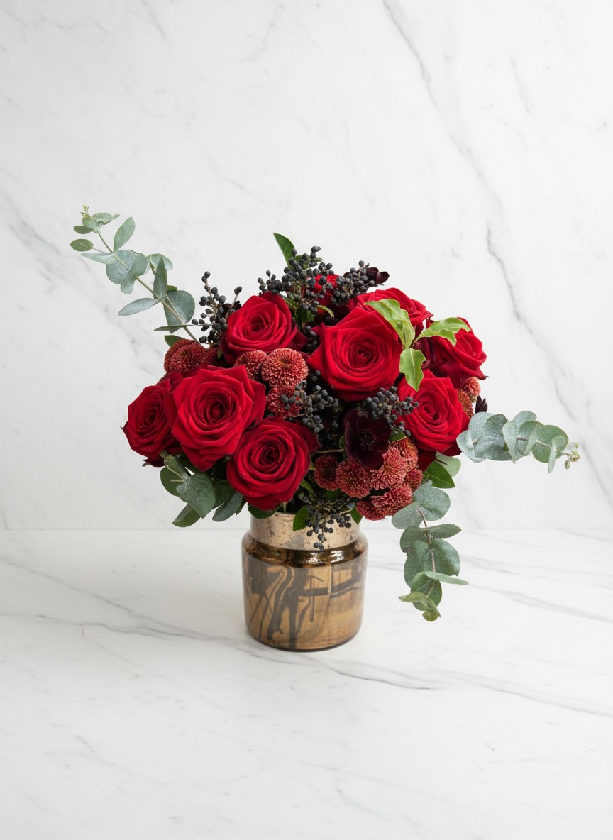 A bouquet of red roses, dark purple flowers, and green foliage in a small, rounded, golden-brown vase on a white marble surface.