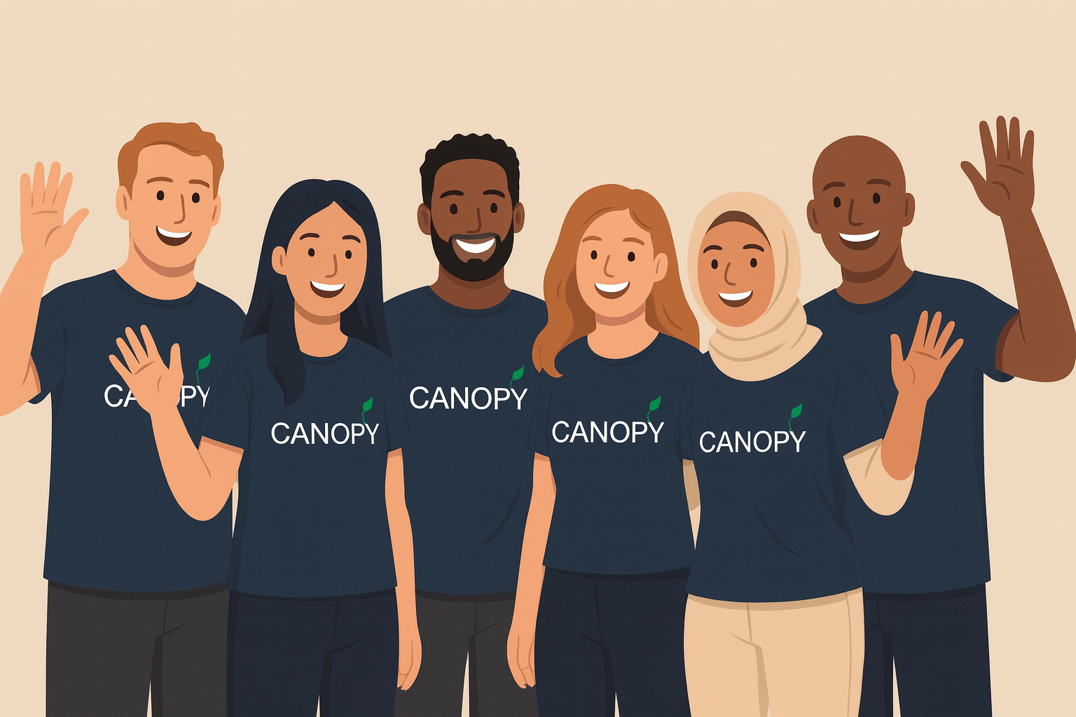 Group of six diverse people wearing navy blue 'CANOPY' T-shirts, smiling and waving at the camera.