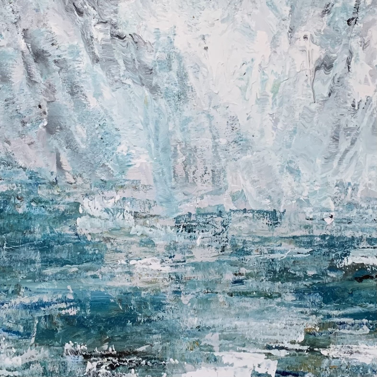 Abstract painting with blue and white brushstrokes resembling a seascape.