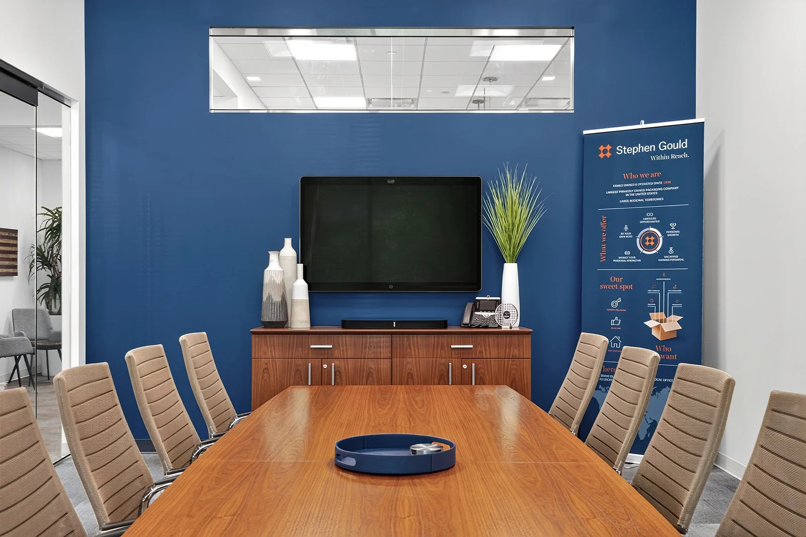 Corporate meeting room, blue and white palette