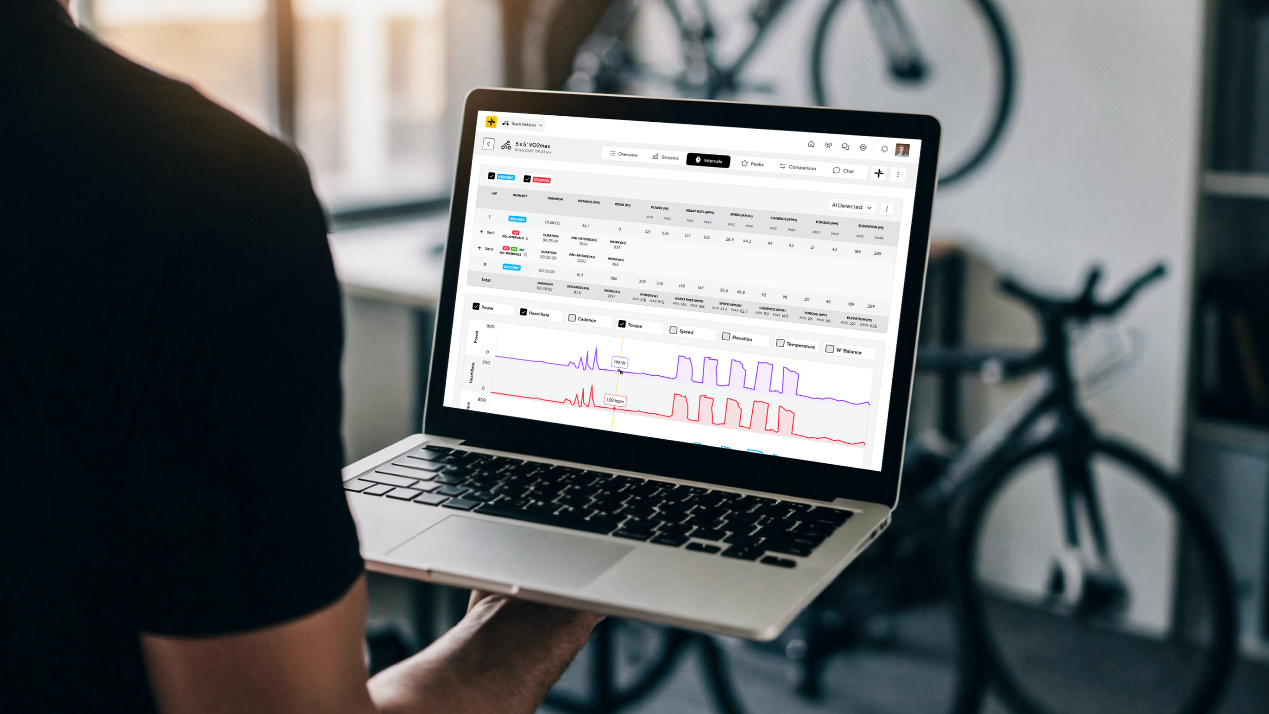 A person holding a laptop displaying a data analysis graph on Vekta with multiple lines and data tables, with a bicycle in the background in a room with large windows.