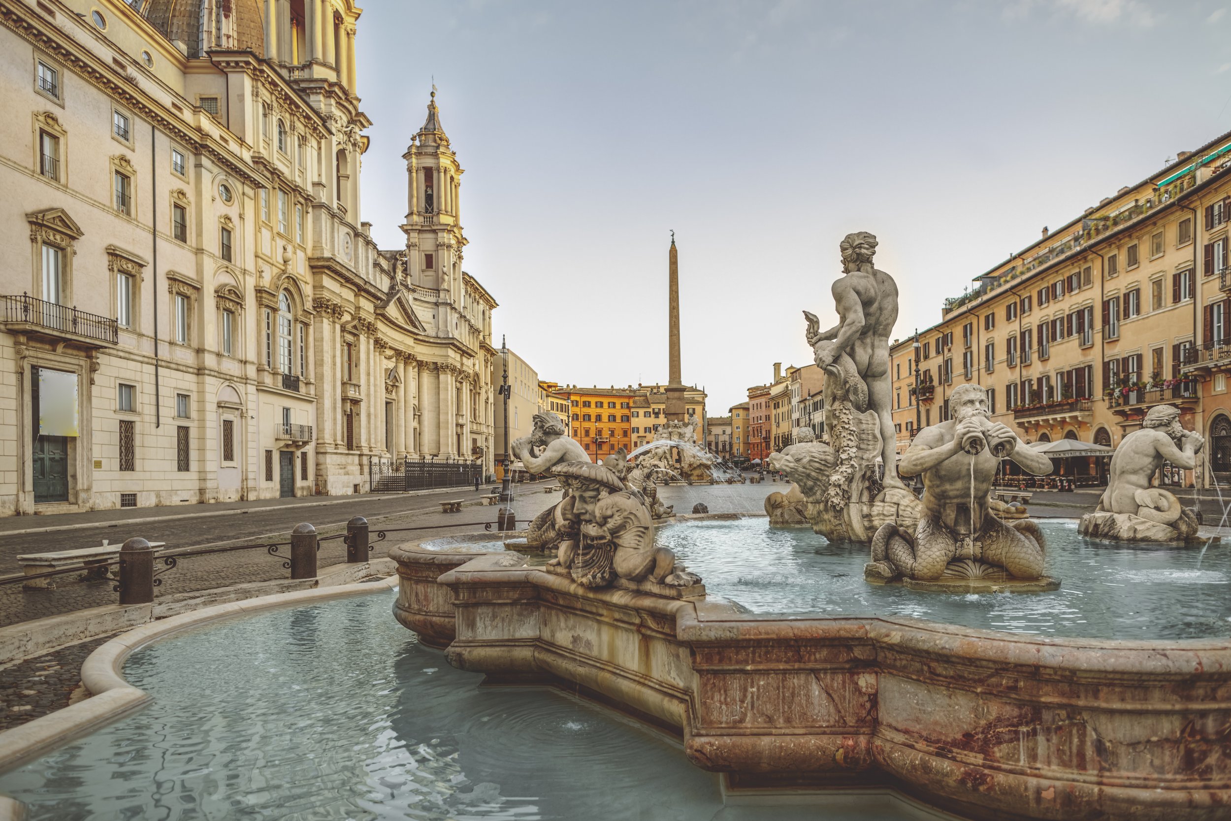Piazza Navona fountain and surrounding architecture in Rome, Italy