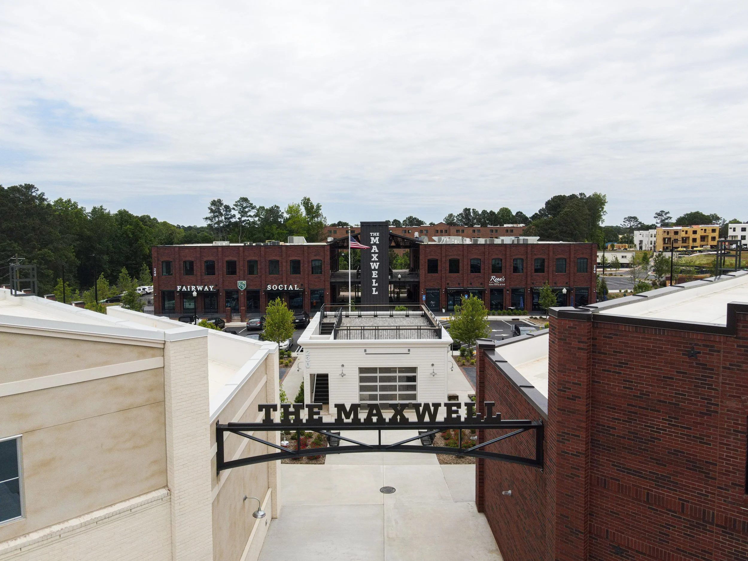 Aerial view of the Maxwell mixed-use commercial property and retail frontage