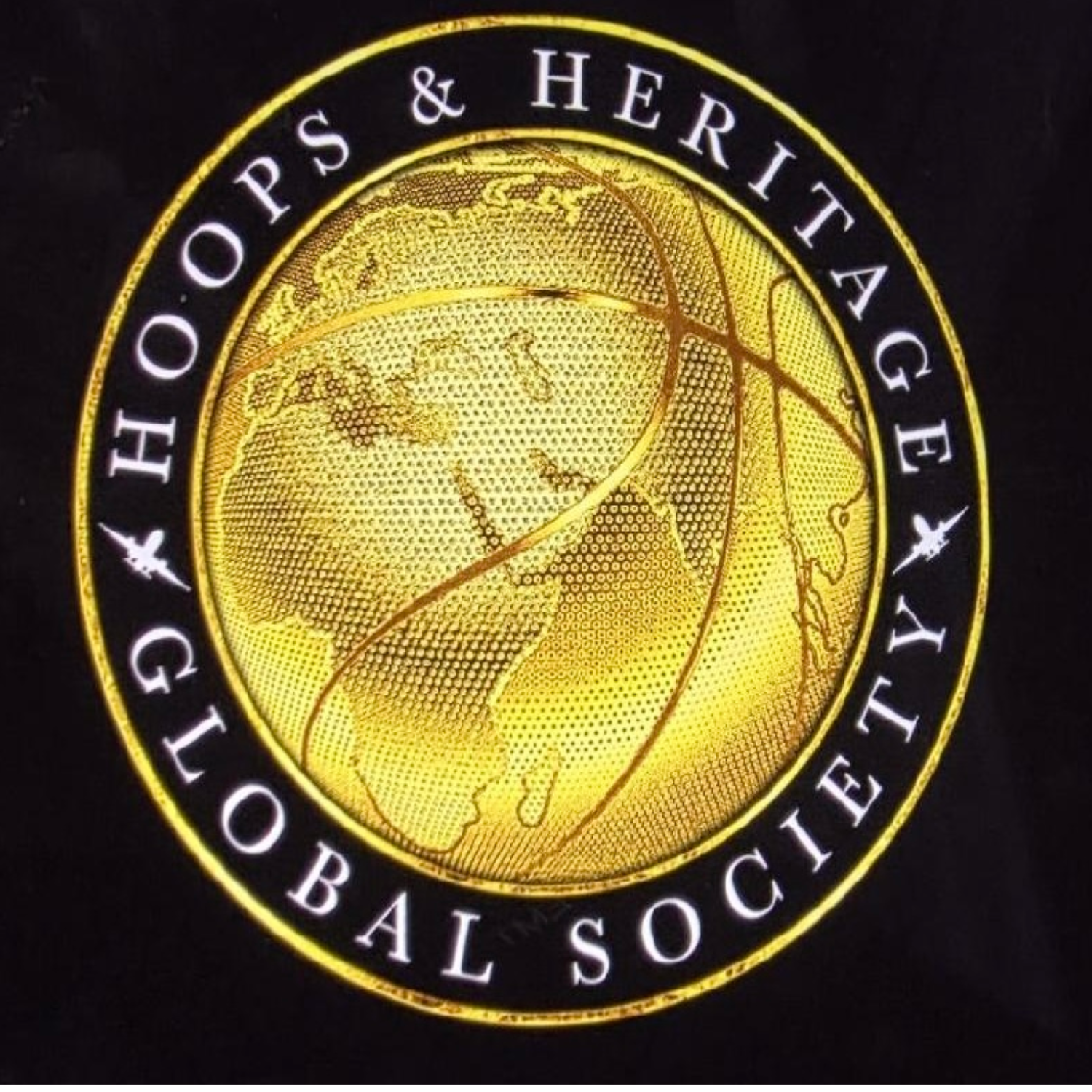 Gold-embossed logo of the Global Oops & Heritaga League, featuring an outline of the world map overlaid on a basketball, encircled by the organization's name in white letters.
