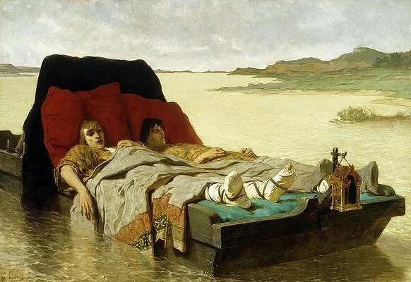 Two children lying in a bed near a river, with a landscape background, in a detailed painting style.