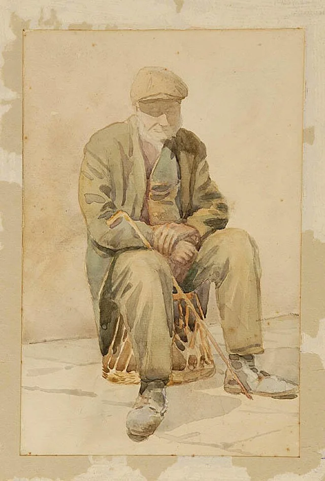 A watercolor painting of a person sitting on a stool, wearing a cap, sunglasses, a jacket, and pants, holding a walking cane.