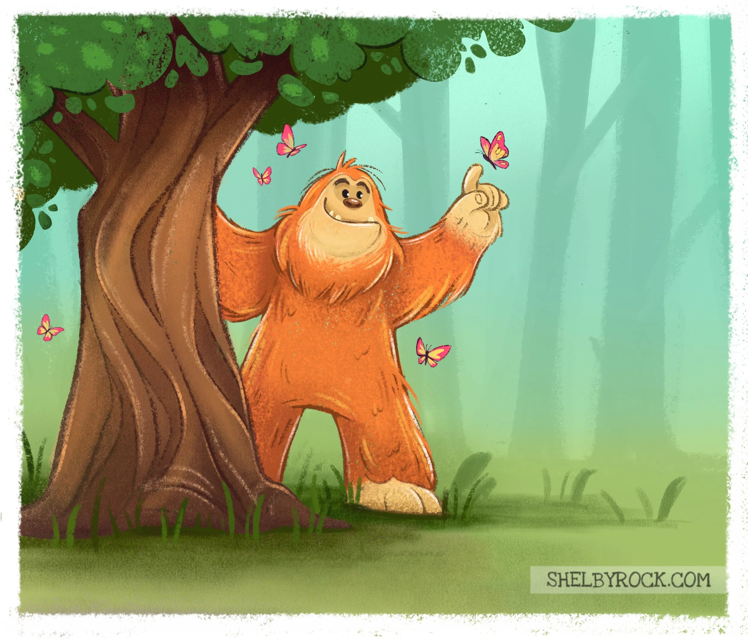 A fantasy creature, bigfoot Childrens books character standing on its hind legs under a tree, surrounded by pink butterflies, in a forest setting.