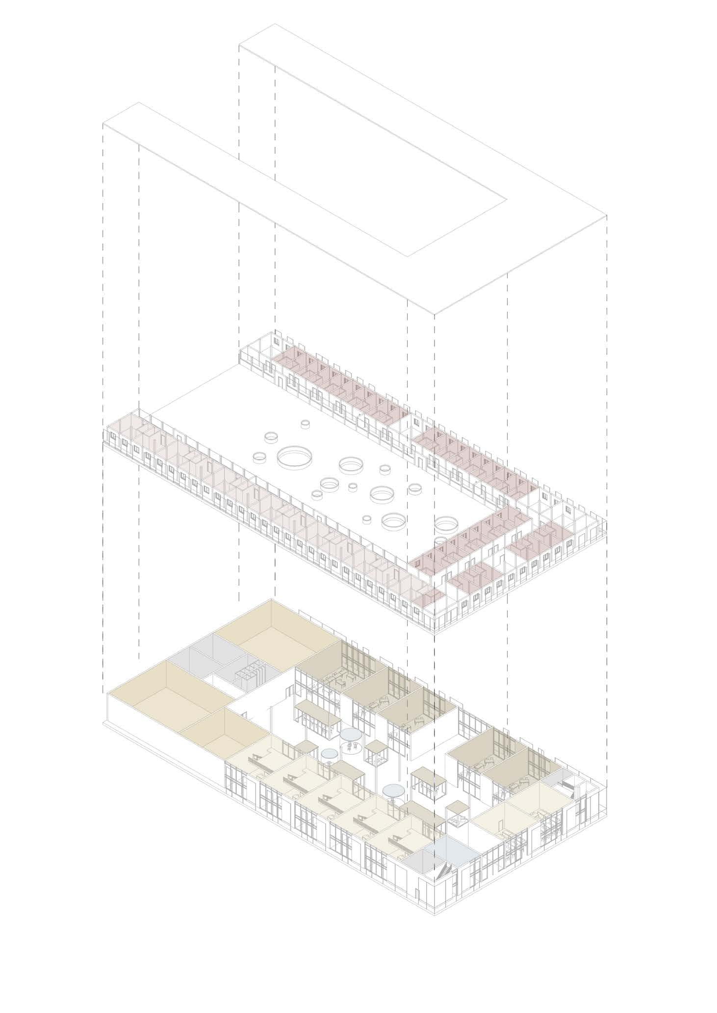 First Floor hosting Public Campus Spaces & Upper Floor hosting Housing