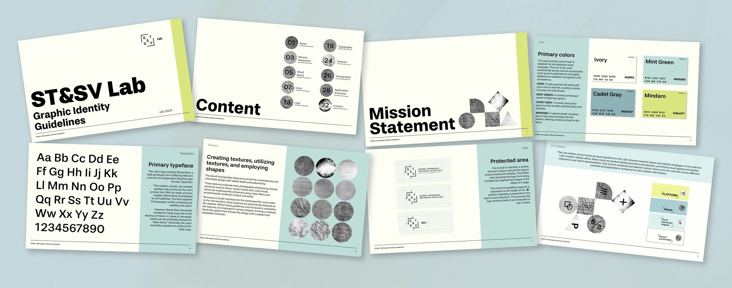 Selected spreads from the visual identity guidelines developed for ST&SV Lab