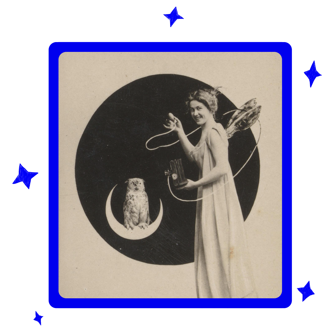 Vintage-style image of a woman with decorative wings holding a camera, facing an owl perched on a crescent moon against a dark circular backdrop.