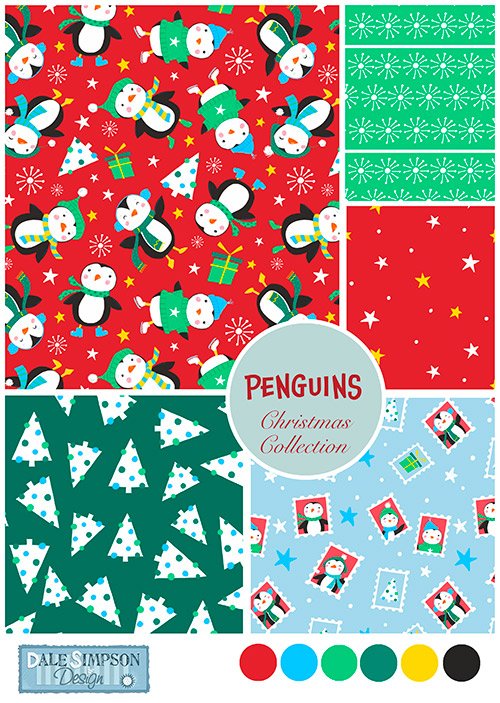 A collection of five Christmas-themed paper patterns featuring penguins, snowflakes, stars, and presents, with a label reading "Penguins Christmas Collection."