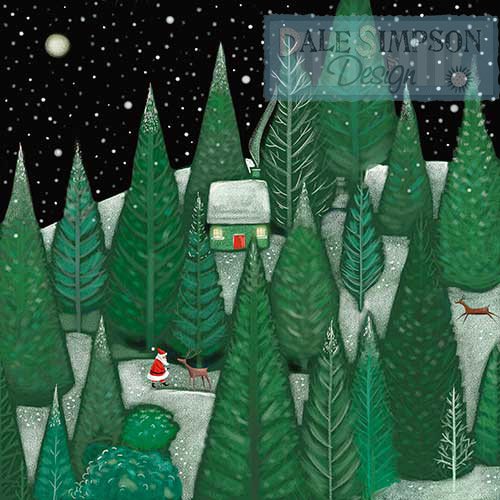 Woodland Winter Trees with Santa and a little house in the woods.