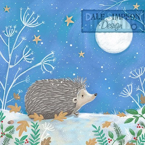 Illustration by Christmas, Winter illustrator Dale Simpson of a cute hedgehog character for Charity Christmas card ranges.
