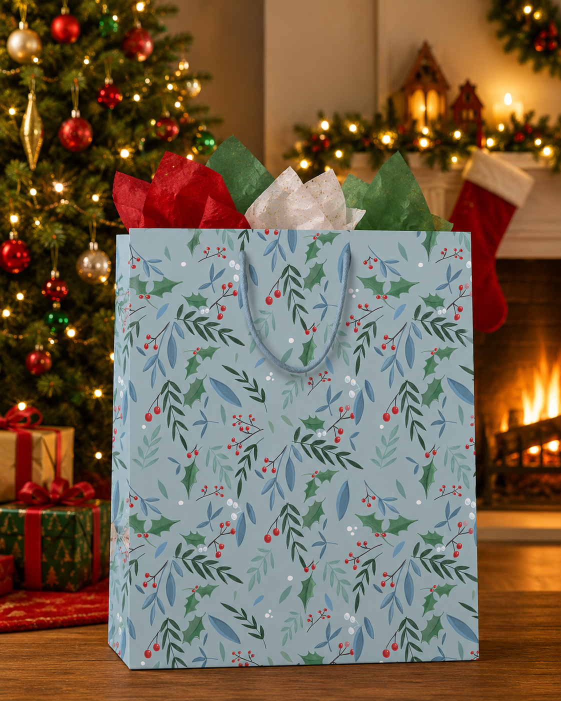 A decorated Christmas tree with red, gold, and green ornaments, a fireplace with a burning fire, and a Christmas gift bag with holly and berry patterns on a wooden floor.