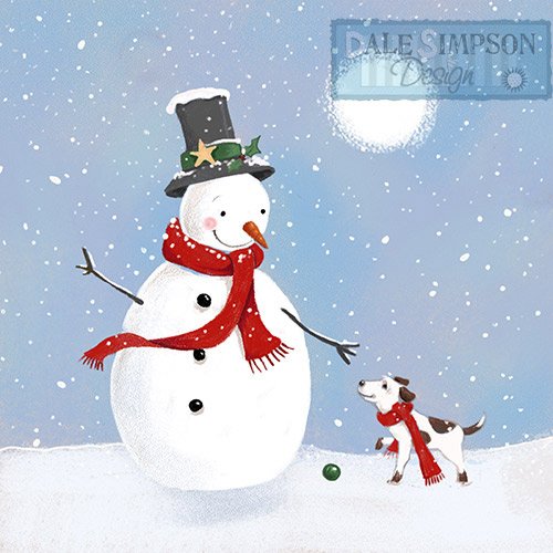 Cute Snowman and Cute Dog in Winter Christmas Scene