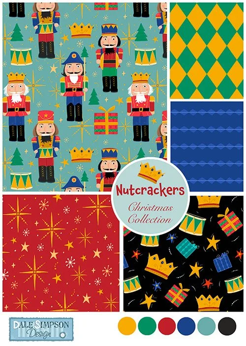 Collection of Christmas-themed wrapping paper featuring nutcracker soldiers, presents, crowns, Christmas trees, stars, and snowflakes in bright colors.