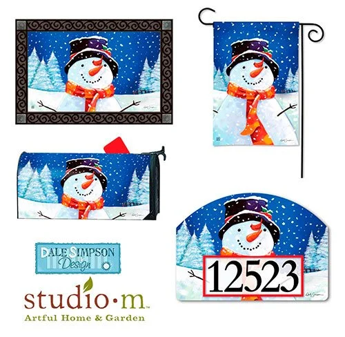 Set of holiday-themed outdoor decorations featuring a snowman with a black hat, orange carrot nose, and red scarf, with snowy trees and snowflakes in the background. All on outdoor garden, house items - garden flag, doormat, mailbox and address sign.